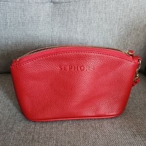 Sephora Red Pebbled Leather Cosmetic Pouch with Gold Hardware